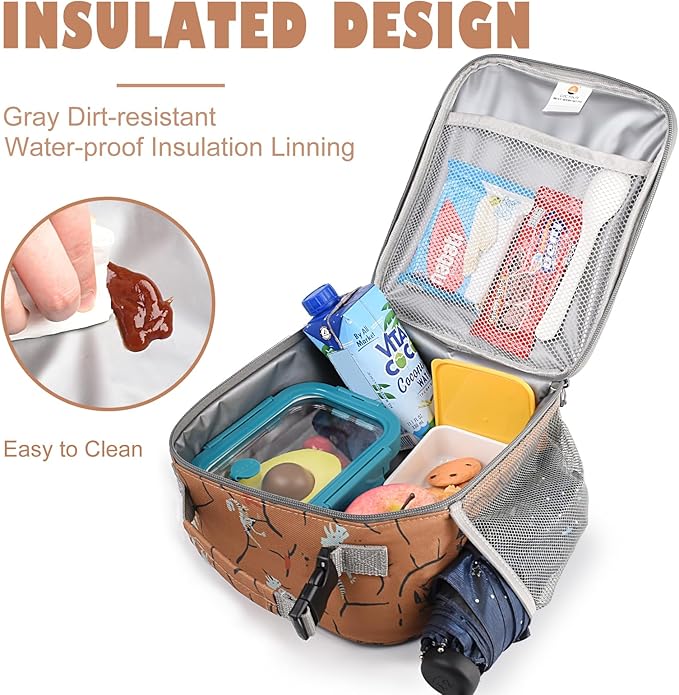 Lunch Box Kids,Premium Insulated Lunch Bag for Girls Boys,Soft Bag Mini Cooler Back to School Thermal Reusable Lunch Bag for Work School Picnic (Brown Dino