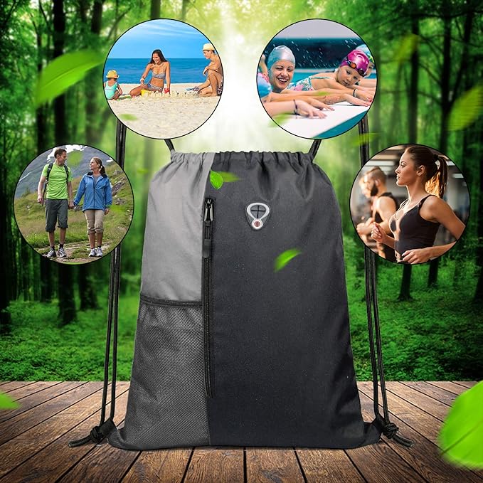 Drawstring Backpack Sports Gym Bag for Women Men Large Size With Two Zipper Pockets and Water Bottle Mesh Pockets