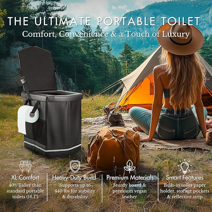 2025 Portable Camping Toilet, Reliable Extra Large Foldable Travel Toilets, Custom compostable waste bags, Compact for Van, Truck, Hiking, Beach, Camp, Car