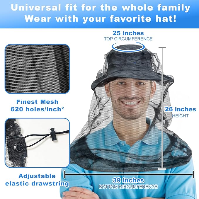 South to East Premium Mosquito Head Net for Insect, 2 Pack, Fly & Bug Protection | Ultra Large & Long, Extra Fine Holes for Camping, Hiking, Finshing, Gardening, Safari, Fits All Hats for Men & Women