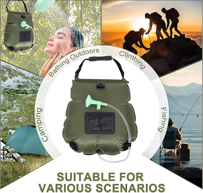 Solar Shower Bag 5 Gallon,Portable Green Camping Shower Bag, 1 Pack Camping Shower Kit with Hose, On-Off Switchable Head for Beach, Swimming, Travel, Hiking
