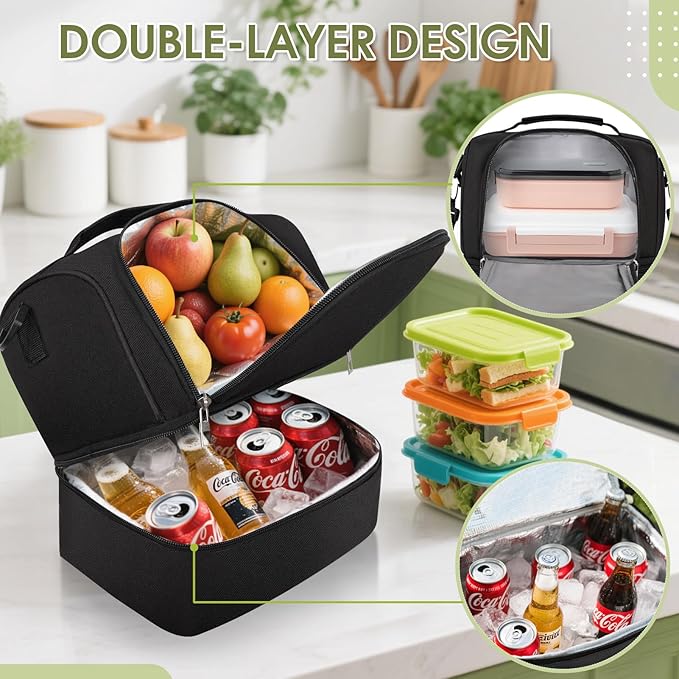 Lunch Box Lunch Bag for Women Men Reusable Insulated Lunch Bag Women Lunch Cooler Tote Bags with Adjustable Shoulder Strap for Office Work Picnic Travel, Black