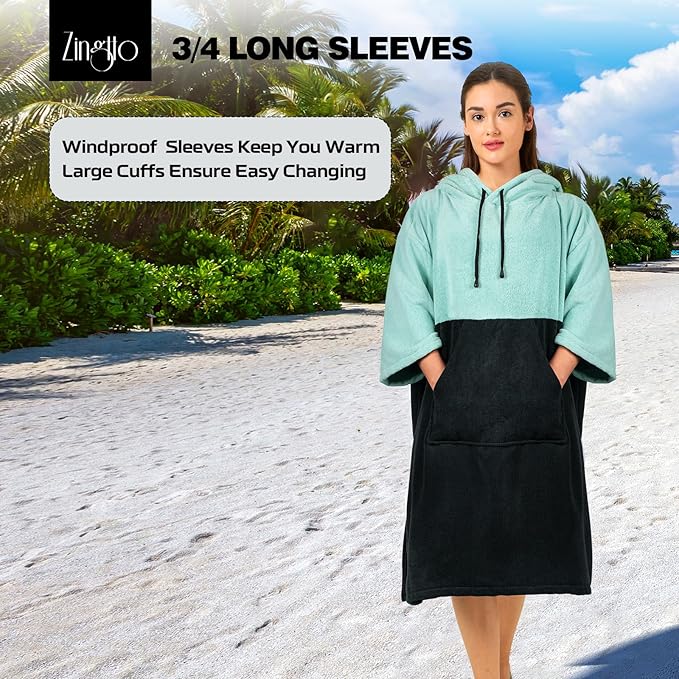 Surf Poncho Changing Robe, 3/4 Sleeve Extra Large Thick Hoodie Towel Poncho for Men Women Beach Swimming, 39‘’x33‘’, Black Teal