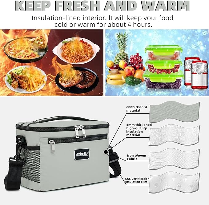 BEIMILY Lunch Bag for Women/Men,Reusable Lunch Box Small Cooler Bag Soft Sided,Leakproof Cooler Bag for Office Work Picnic Beach with Adjustable Shoulder Strap (light grey), 2311A