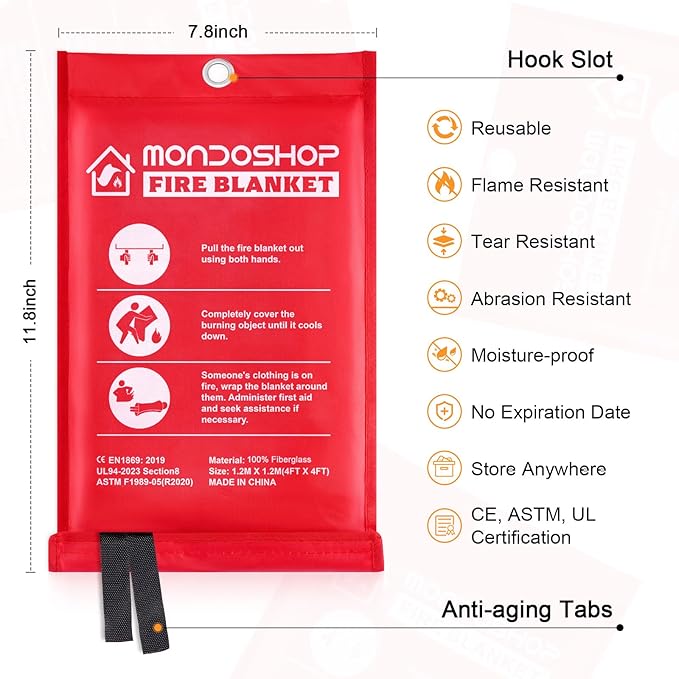 Mondoshop Fire Blanket Emergency for Home and Kitchen - 2pack 48"x48" Fire Blankets Fire Resistant Blanket for Camping, Grill, Car, Office, Warehouse, School, Picnic, Garages, Workshops