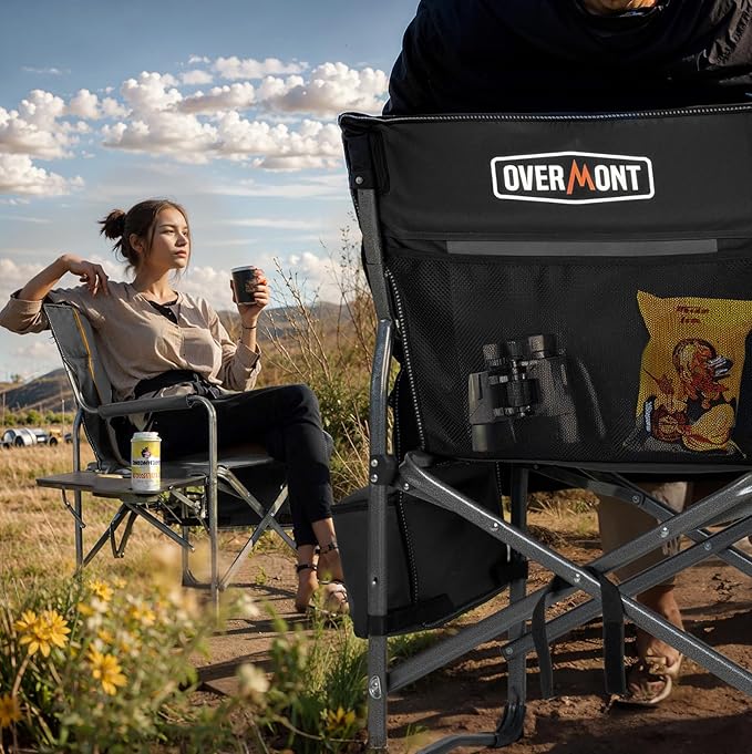 Overmont Oversized Lightweight Camping Chair - Comfortable Heavy Duty Foldable Directors Chairs with Side Table & Cooler Bag for Outside Camp Beach Picnic Lawn and Fishing Supports 400lbs