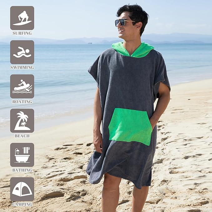 Rainleaf Surf Poncho Changing Towel Quick Dry Pool Swim Beach Towel with Hood and Front Pocket Warm and Soft Microfiber RobeTowel for Women and Men Gray Green Pocket