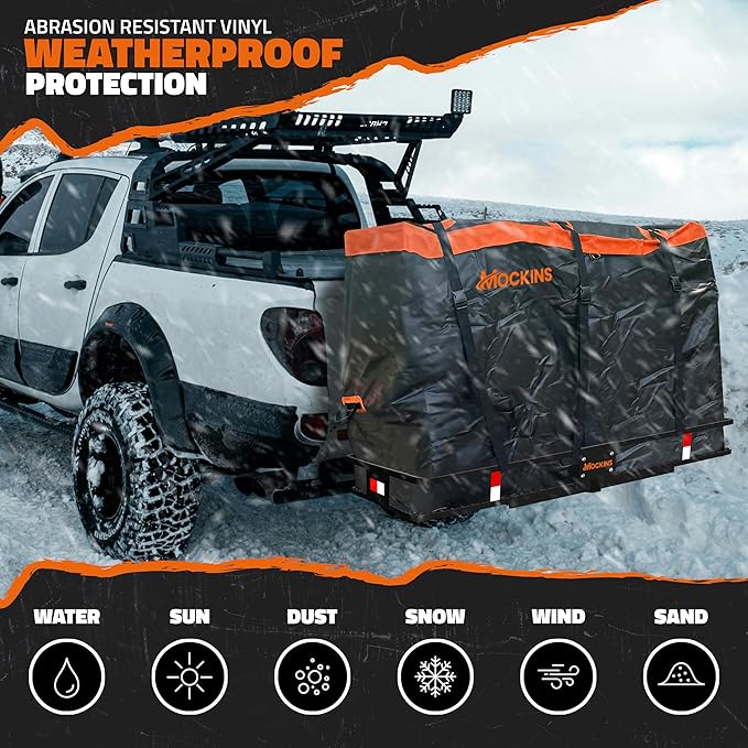 Mockins 60"x24"x6" Heavy Duty Trailer Hitch Cargo Carrier & 30 CuFt Waterproof Cargo Bag for Hitch Carrier w/ 6 Packing Cubes | Folding Luggage Rack for SUV, Car & Truck w/Basket & Bag Accessories