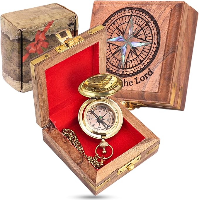 TVV-Christian Compass Gift for Him – Solid Brass Pocket Compass with Bible Verses – Baptism Gifts for Boys, Religious Compass Gift for Graduation, Confirmation – Includes Wooden Box & Greeting Card