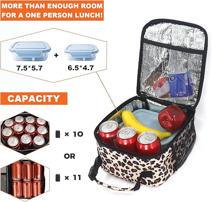 Lunch Box for Men Women Adults Small Lunch Bag for Office Work Picnic - Reusable Portable Lunchbox, Leopard