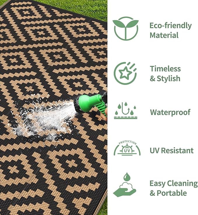 GENIMO Outdoor Rug 3'x5' Waterproof, Reversible Camping Mat, Plastic Straw Rugs for Patio, RV, Camper, Balcony, Backyard, Picnic, Deck (Black & Brown)