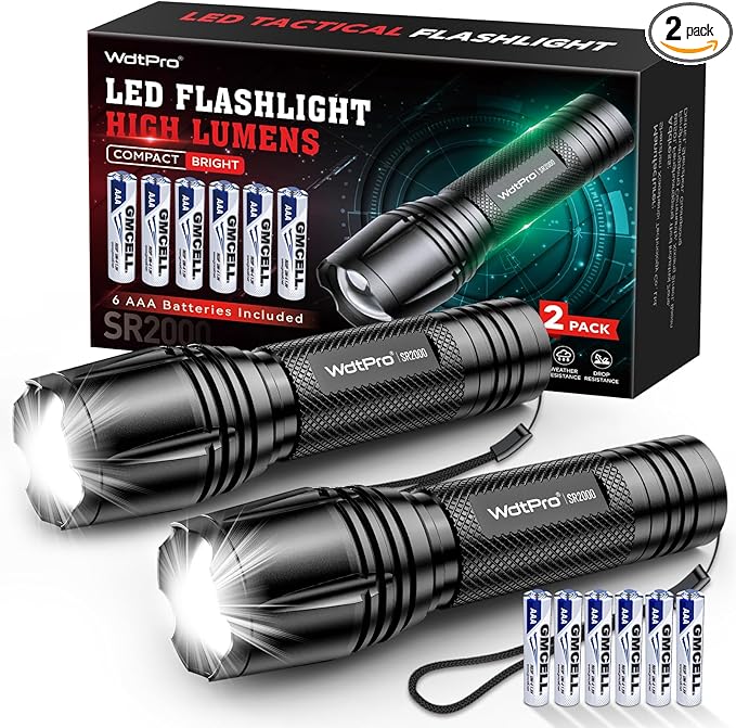 WdtPro LED Flashlight High Lumens SR2000 Pro - 2 Pack Brighter Tactical Flashlights with 5 Modes & Zoomable - Powerful Mini Flash Light for Emergency, Camping, Hiking