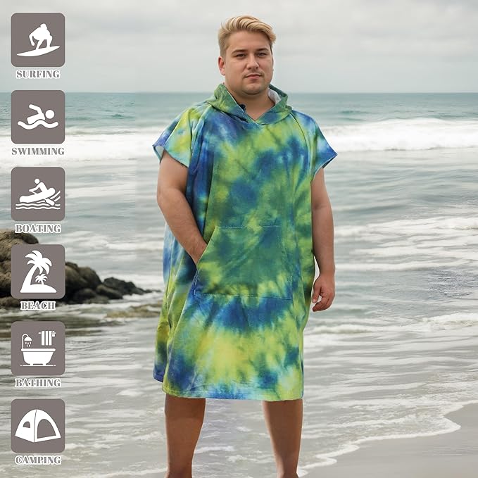Rainleaf Surf Poncho Changing Towel Quick Dry Pool Swim Beach Towel with Hood and Front Pocket Warm and Soft Microfiber RobeTowel for Women and Men-Aurora