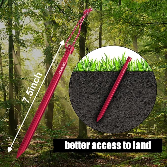 6 Pieces Tent Stakes Heavy Duty Camping Stakes, QEBAJI 7.5 inch Rust-Free Metal Tent pegs Ground Stakes Tent pegs Camping,6pack Red