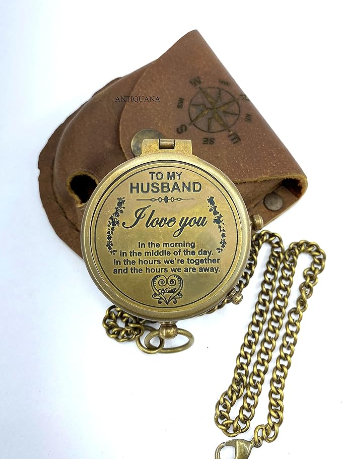 Brass Compass Unique Print To My Husband Compass With Leather Case Antique Brass Compass With Chain A Great Gift Item For Your Loved Ones Hikers And Traveler By