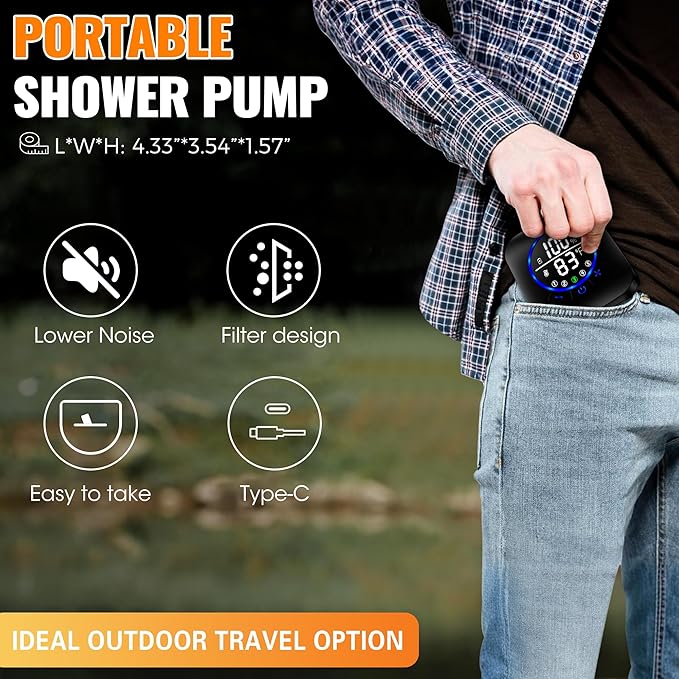 Portable Shower for Camping, 8000mAh Rechargeable Camping Shower Pump with XL Foldable Bucket, IPX8 Waterproof, Surrounding Water Inlet, 5 Pressure Modes Outdoor Shower Pump for Hiking, Travel, Pet