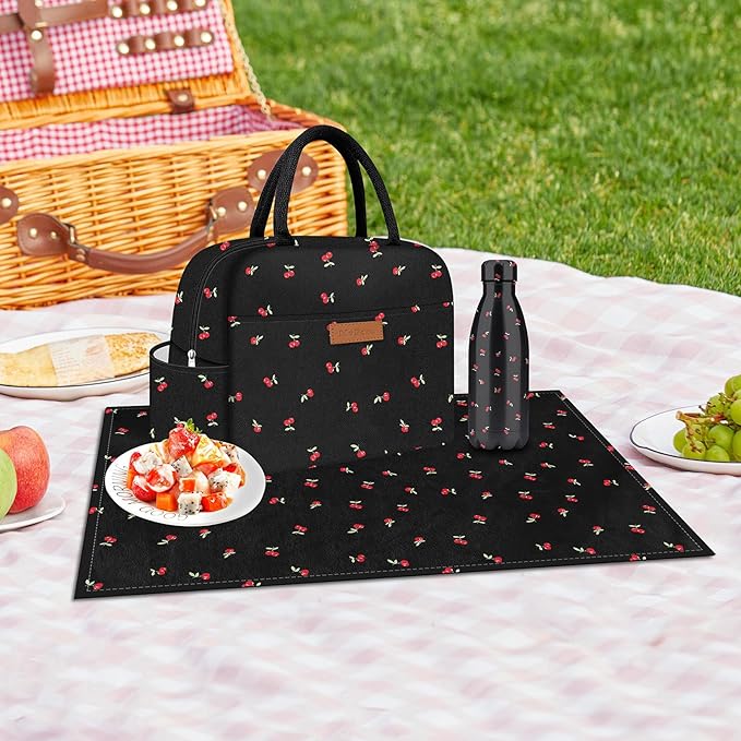 Cute Lunch Bag Women With Placemat and Water Bottle,Insulated Lunch Box for Women,Placemat Keep Clean and Hygienic Durable Leakproof Thermal High Capacity for Travel Picnic Insulated Lunch Bag