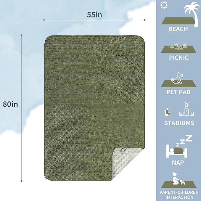 Mellowdy Easy-Carry Outdoor Blanket - Waterproof, Windproof, Warm, Utility Blanket for Camping, Picnic, Stadium, Beach, Gameday, Travel, Foldable with Carrying Bag (Olive Green, 55x80 inch)