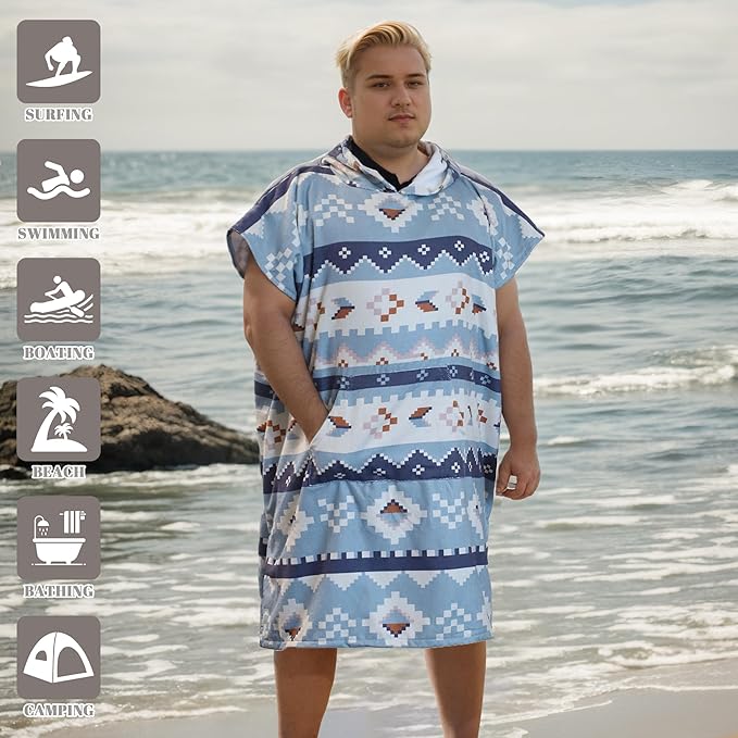 Rainleaf Surf Poncho Changing Towel Quick Dry Pool Swim Beach Towel with Hood and Front Pocket Warm and Soft Microfiber RobeTowel for Women and Men-Geometric Quarry