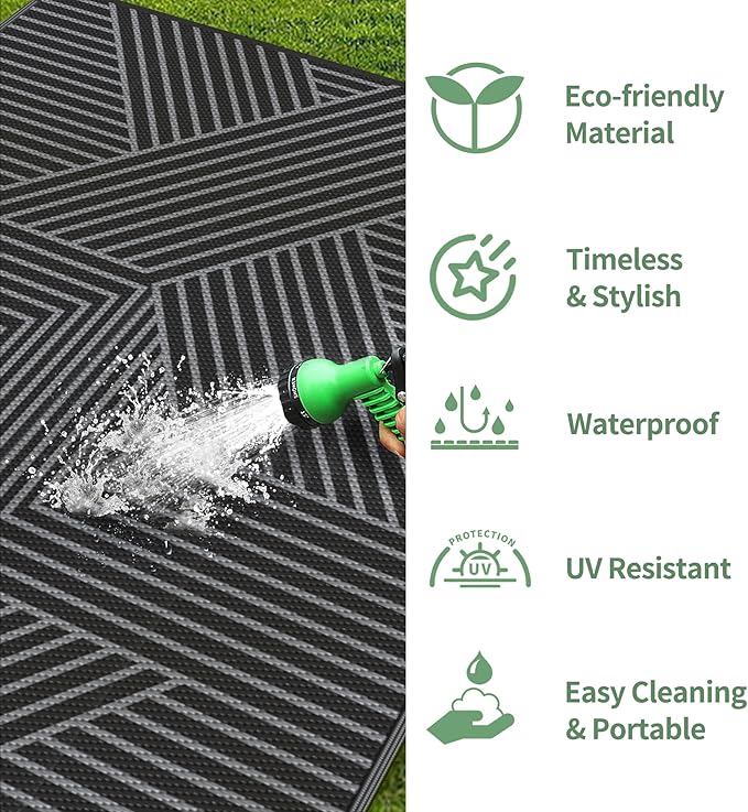 GENIMO Outdoor Rug 9'x12' for Patio Waterproof Clearance, Reversible Outdoor Plastic Straw Rug, Lightweight Carpet Camping Mat for Rv, Camper, Picnic, Balcony, Backyard, Deck, Porch, Black & Gray