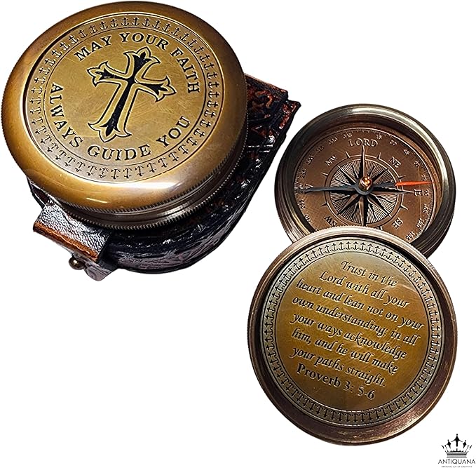 Trust in The Lord with All Your Heart - Proverbs 3:5-6 Quote Engraved Compass with Wooden Box or Leather case, Greeting Card, Gift Compass, Graduation Day Gifts 2025 for Women Men Boys Girls