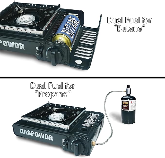 Dual Fuel Camp Stove with Windblocker, Propane or Butane Stove10000 BTU With Propane Adapter Hose and Carrying Case Propane Stove for Camping,Gas Portable Stove for Huting, Hiking(Fuel not included)
