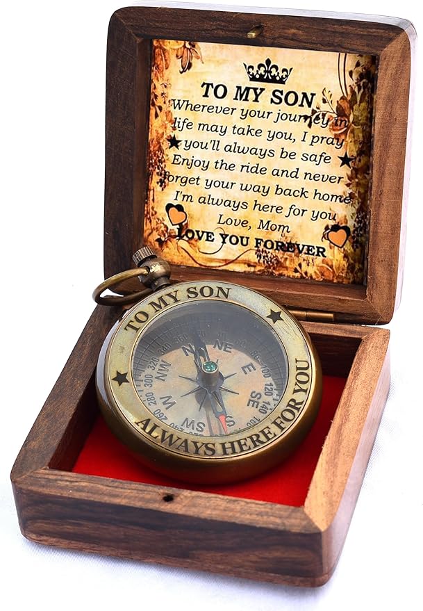 to My Son Compass with Wooden Box-Mom to Son Compass–Father to Son Gifts- to My Grandson -Graduation Day Gifts for Son-Birthday, Baptism, Graduation, Confirmation, Communion Compass for Women Men