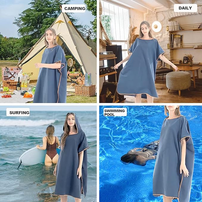 Quick Dry Surf Poncho Changing Towel Robe Hoodie for Adults Men Women,Microfiber Beach Wetsuit Tops Surfing Swimming Bathing Parka -One Size Fits All Dark Blue
