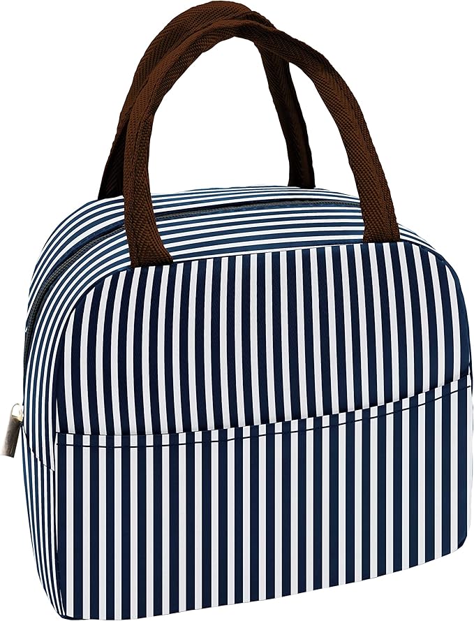 Sonuimy Insulated Lunch Bag Women, Reusable Cute Tote Lunch Box for Men & Adult, Leakproof Cooler Lunch Bags for Work Office Travel Picnic (Navy White Strip)
