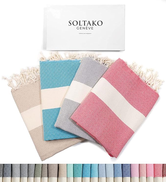 SOLTAKO XXL 4X Turkish Beach Towels - Quick Dry - Sand Free - Oversized Fouta Peshtemal - Cotton - Hand Woven Bath Towel - Light Blanket Camping Sauna Yoga - Gift Set of 4 Colors 78"x40"