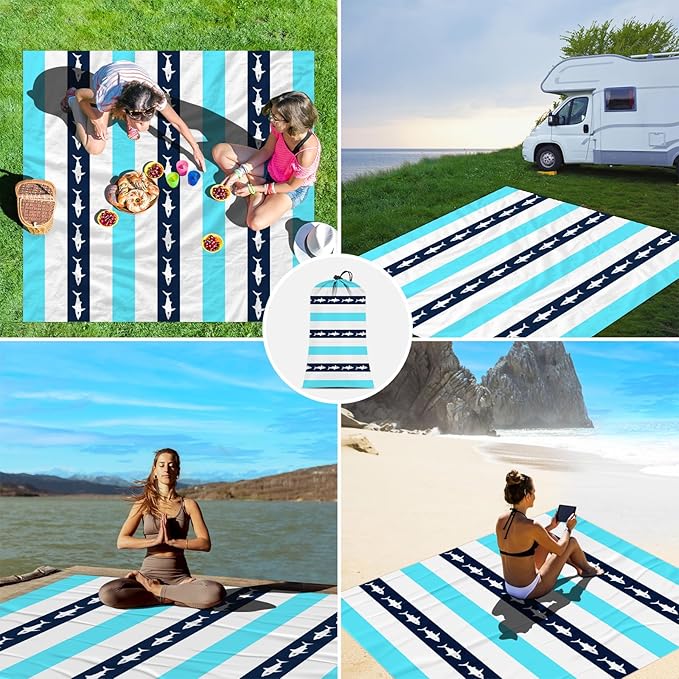 Waterproof Sandproof Beach Blanket, Blue Stripe Shark Beach Mat Oversized for 2-4 Person, Compact Sand Free Quick Dry Polyester Outdoor Picnic Blanket for Travel, Camping, Hiking