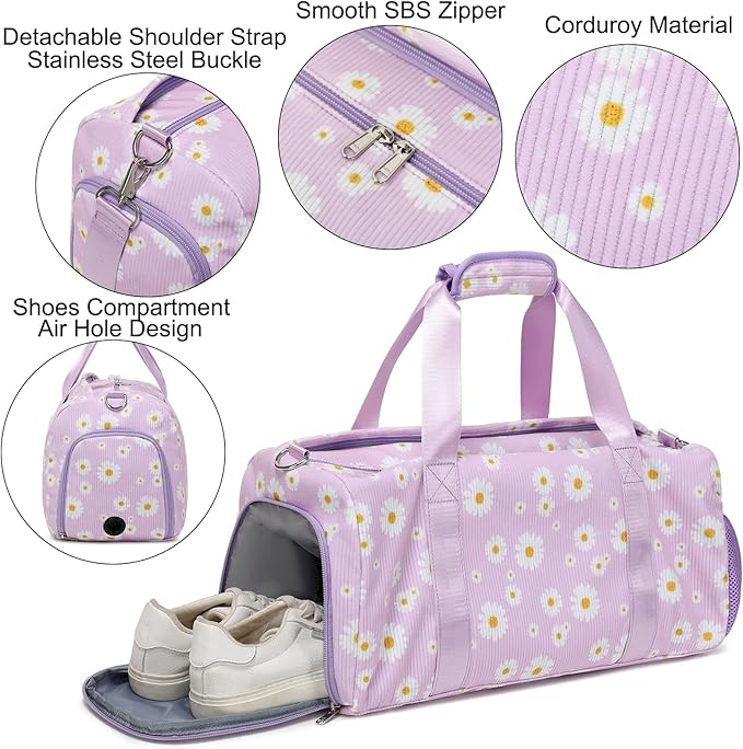 Dance Bag Ballet Bag for Girls Teen Travel Duffel Bags Sports Gym Bag Yoga Bags Cheer Bag Girls Weekender Bag Corduroy Daisy Dance Bag with Shoe Compartments(purple daisy)