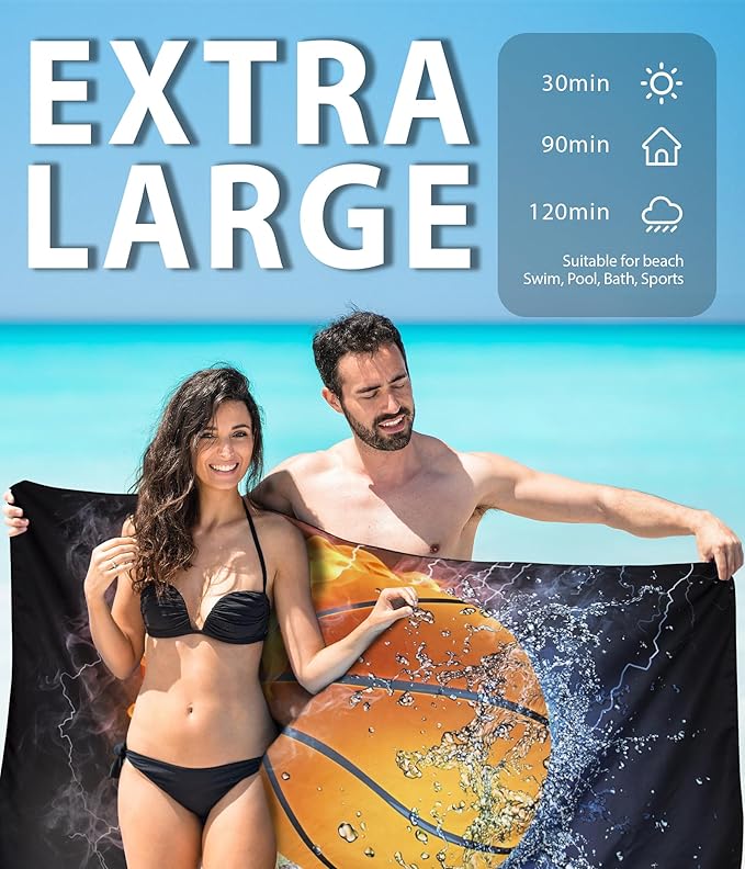 Microfiber Beach Towel – Basketball Quick Dry Lightweight Sand Free Oversized Towel Accessories Travel Must Have Swim Pool Yoga Camping Gear Summer Cruise Ship Essentials Cloud Compact Gift 71" 32"