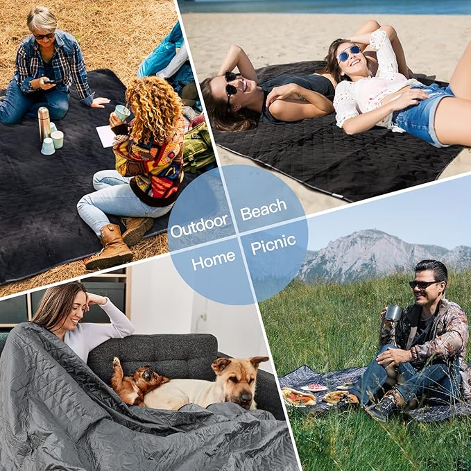 Large Outdoor Blanket, Camping Blankets for Cold Weather, Waterproof Windproof Hooded Stadium Blanket (79”x55”) Quilted with Extra Thick Fleece, Great for Camping, Picnic, Beach, Car, Dogs