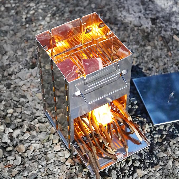 REDCAMP Wood Burning Folding Camp Stove Stainless Steel Grill, Extra High Portable Collapsible Backpacking Stove Survival Rocket Stove for Hiking Outdoor Tent Camping Picnic BBQ, Large