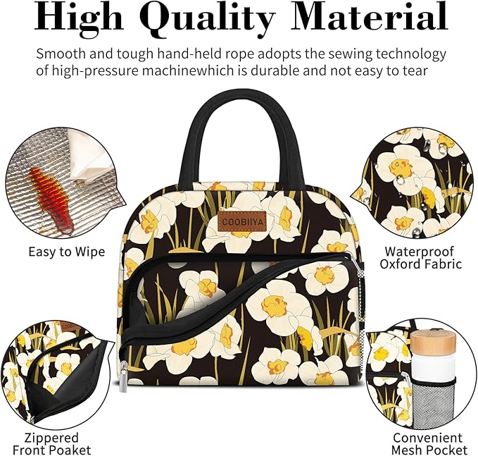 Coobiiya Lunch Bag Women, Daffodil Lunch Bag for Women Adult, Small Leakproof Cute Lunch Box Tote Large Capacity Reusable Insulated Cooler Lunch Container for Work/Office