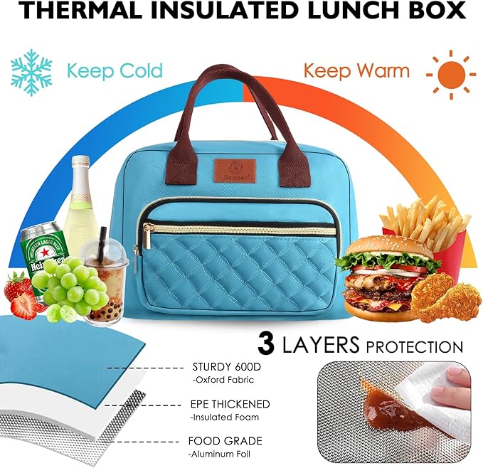 Genteen Lunch Bag for Women,Insulated Adult Lunch Boxes for Women, Reusable Cute Lunch Bags for Work,High Capacity Tote Lunchbox Cooler for Girls Office Travel Picnic School-Teal