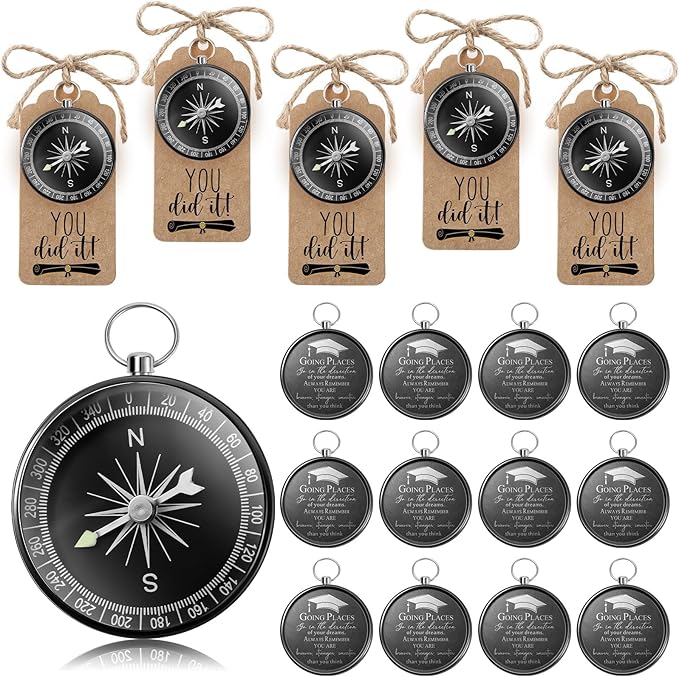 Coume 2025 Inspirational Graduation Gifts Engraved Compass for Middle Senior College Graduate Student Compass with You Did It Diploma Sign Tag Gift for Travel Grad Souvenir Favor(Black,24 Set)