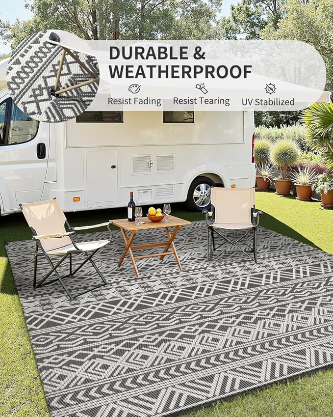 MontVoo Outdoor Rug Carpet Waterproof 9x18 Outdoor Patio Rug Mat Reverisble Plastic Straw Outdoor Rug for RV Camping Picnic Beach Balcony Boho Grey Large