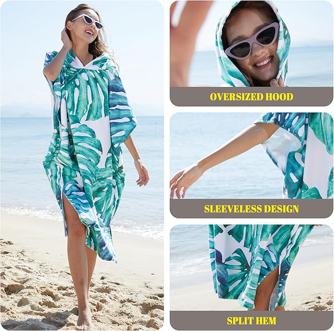 Rainleaf Surf Poncho Changing Towel Quick Dry Pool Swim Beach Towel with Hood and Front Pocket Warm and Soft Microfiber RobeTowel for Women and Men Green-Leaf Print
