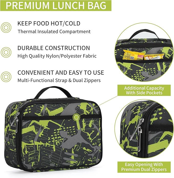 rickyh style Lunch Box with Padded Liner, Spacious Insulated Lunch Bag Durable Thermal Lunch Cooler Pack with Strap for Men Women Boys Girls Adults School Sports Beach Picnic Work Camp,2 Pocket