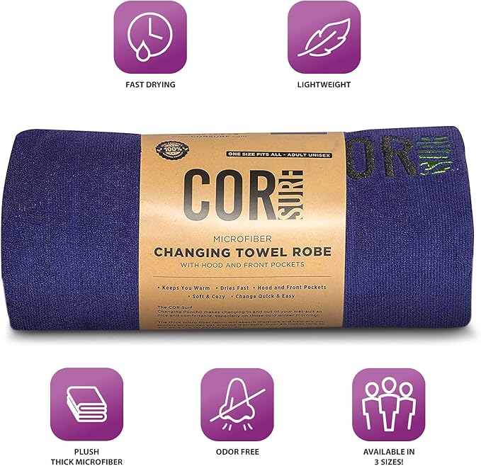 COR Surf Poncho Changing Towel Robe with Hood and Front Pocket | Thick Quick Dry Microfiber Wetsuit Poncho Towel for Surfing Beach Pool Swim (Medium, Cobalt)