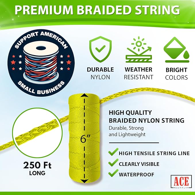 Yellow Mason Line String Line - #18 Braided Nylon String - 250 Ft Length - Nylon Twine for Gardening Or Masonry Tools - Perfect Construction String for A String Level, Twine String for Gardening