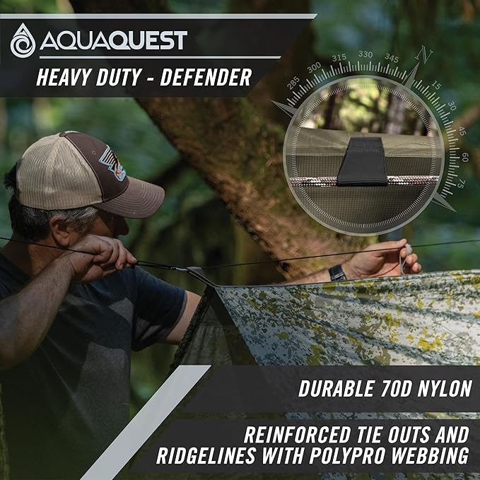 AquaQuest Defender Camping Tarp - Heavy Duty Tent Shelter or Rain Fly - Waterproof Camping Essentials for Hiking, Bushcraft & Hammock, 15 x 15 ft, True Terrain