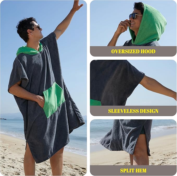 Rainleaf Surf Poncho Changing Towel Quick Dry Pool Swim Beach Towel with Hood and Front Pocket Warm and Soft Microfiber RobeTowel for Women and Men Gray Green Pocket