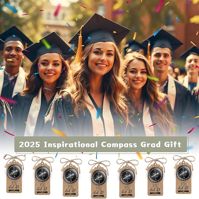 Coume 2025 Inspirational Graduation Gifts Engraved Compass for Middle Senior College Graduate Student Compass with You Did It Diploma Sign Tag Gift for Travel Grad Souvenir Favor(Black,24 Set)