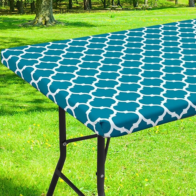 Smiry Rectangle Picnic Table Cover, Waterproof Elastic Fitted Camping Tablecloths for 5 Foot Tables, Wipeable Flannel Backed Vinyl Tablecloth Protector for Indoor, Outdoor (Turquoise, 30x60 Inches)