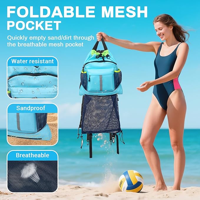 Drawstring Backpack, Waterproof Sandproof Beach Backpack for Sport Gear Small Gym Bag with Hidden Ball Net Pocket and Seperated Wet Pocket Draw String Back Bag for Women Men, Blue