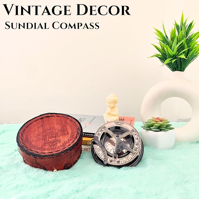 Antique Brass & Copper Sundial Compass, Sundial Clock in Box Gift Sun Clock Ship Replica Watch, Nautical Gifts for Men, Unique Nautical Decor, Naval Maritime Sundial