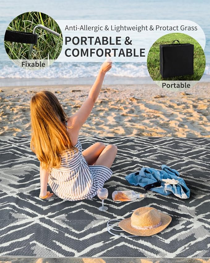 MontVoo Outdoor Rug Waterproof-Patio Rug Mat 9x12 Outdoor Carpet Reversible RV Camping Picnic Plastic Straw Rug Outside Outdoor Area Rug for Balcony Deck Backyard Patio Decor Modern Abstract
